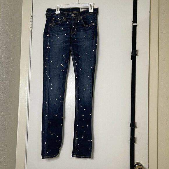 rag and bone paint splattered blue wash denim skinny low rise jeans size US 24 - Picture 8 of 8